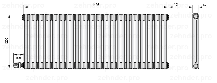 Схема (чертеж) Радиатор Zehnder Charleston 2120/31 №V003 Белый глянцевый RAL 9016